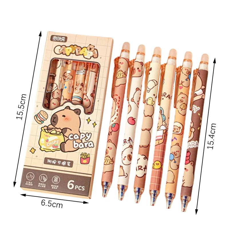 Kit 6pcs de Canetas Capivara Kawaii, Tinta Azul Apagável