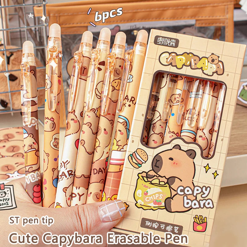 Kit 6pcs de Canetas Capivara Kawaii, Tinta Azul Apagável
