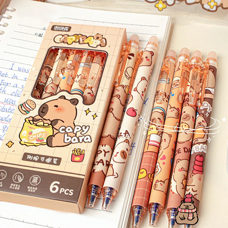 Kit 6pcs de Canetas Capivara Kawaii, Tinta Azul Apagável