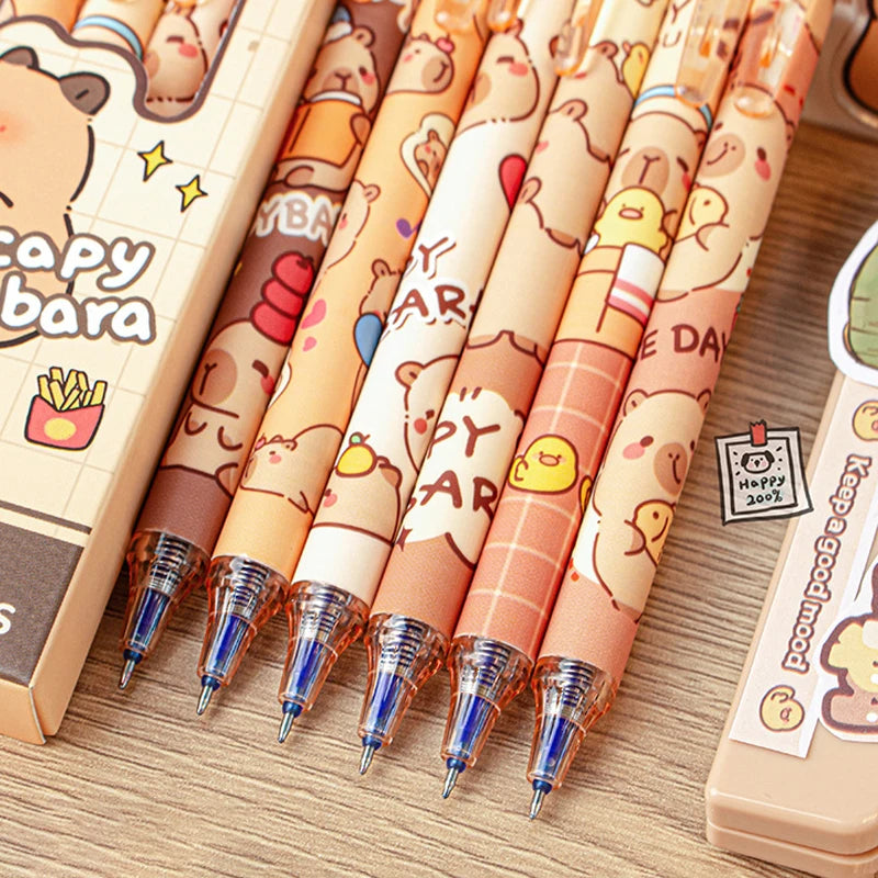 Kit 6pcs de Canetas Capivara Kawaii, Tinta Azul Apagável