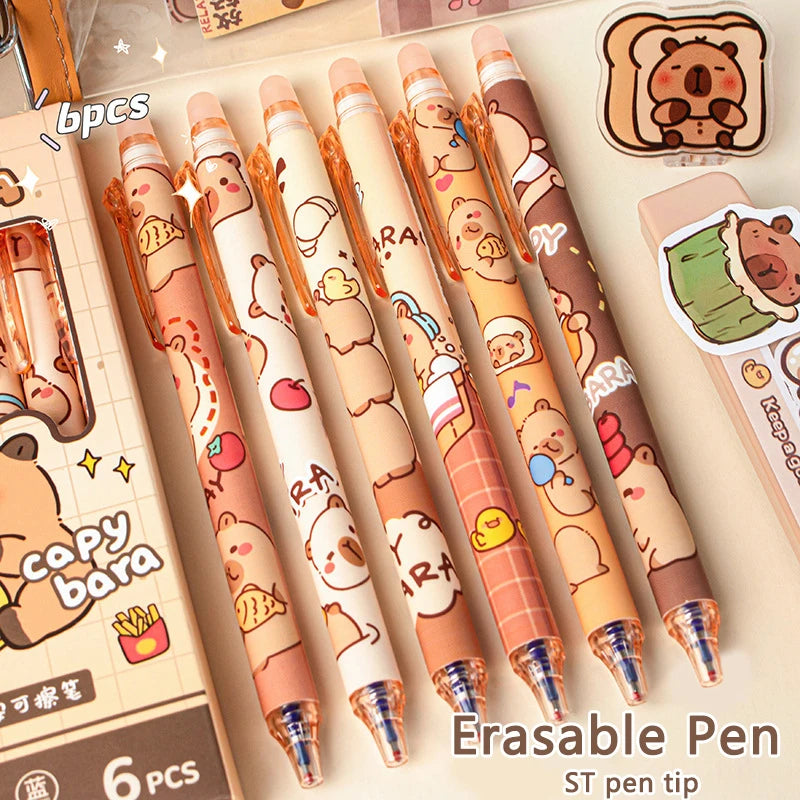 Kit 6pcs de Canetas Capivara Kawaii, Tinta Azul Apagável